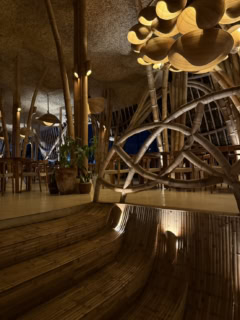 手すりやライトなどは竹製。インドネシアは竹の生産も有名なんだそう。