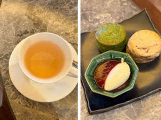 他に、外はサクサク、中はしっとりの大納言と抹茶のスコーンも。ドリンクは日本茶、紅茶のバリエの中からお好きなお茶をセレクトできます。