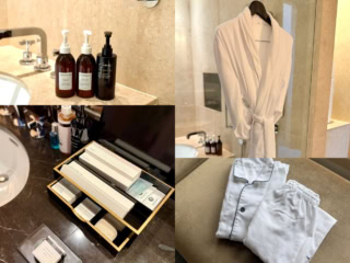 ヘアケア、ボディローション、マウスウォッシュなどのアメニティも充実。上下セパレートのパジャマもあり。