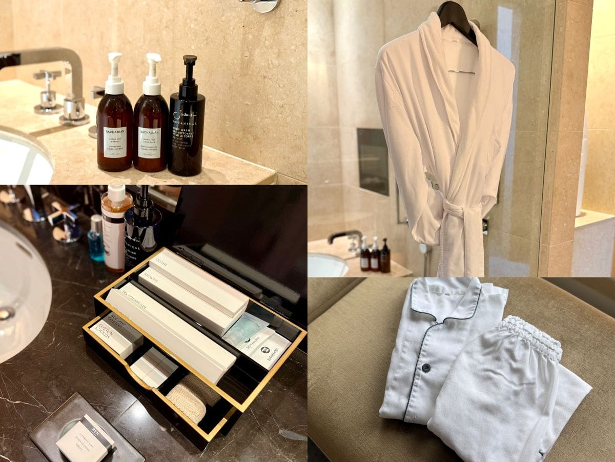 ヘアケア、ボディローション、マウスウォッシュなどのアメニティも充実。上下セパレートのパジャマもあり。