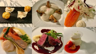 前菜 2 品、 魚料理 1 品、 肉料理 1 品、 デザート 1 品のシェフのお任せディナーコース¥12,000