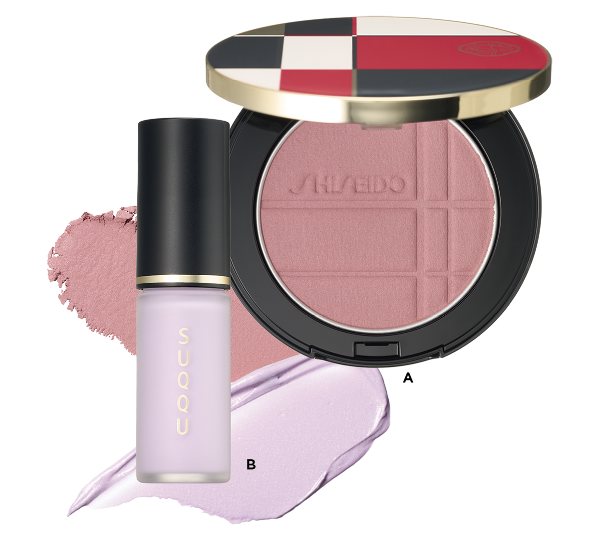 A.SHISEIDOカラー＋グロウ エンハンサー 06 ¥6,270（SHISEIDO・3月1日発売） B.SUQQU コンプレクション フェイスカラー 01 ¥4,950（SUQQU）