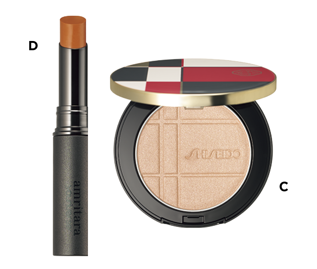 C SHISEIDO カラー＋グロウ エンハンサー 02 ¥6,270（SHISEIDO・3月1日発売） D アカシックアミュレットルージュ ヴィーナス ¥3,960（アムリターラ・3月3日発売）