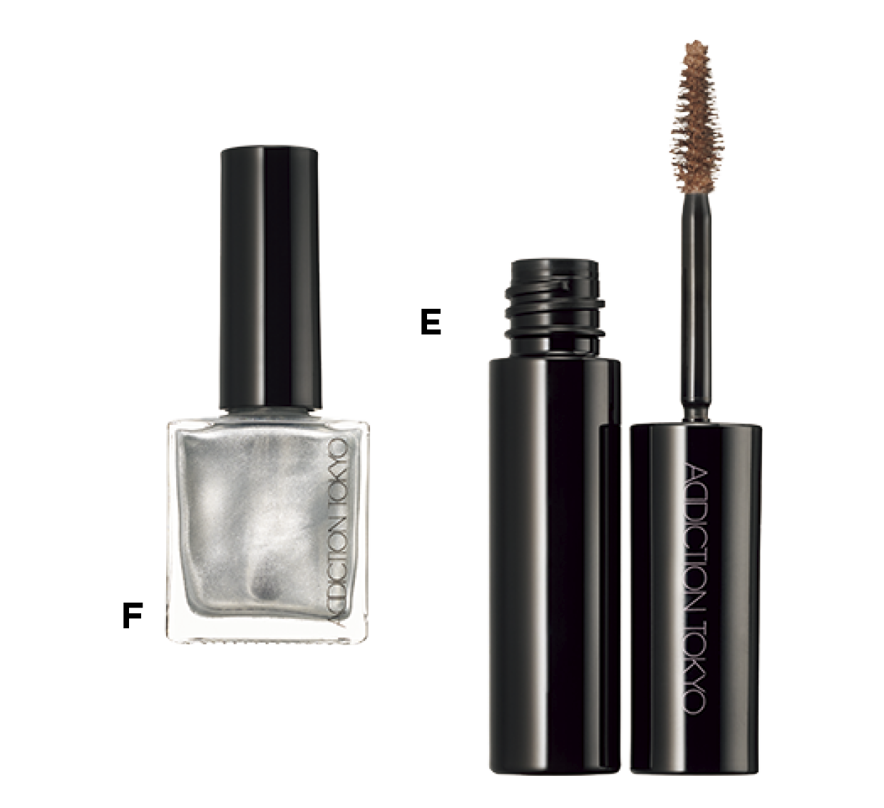 E アディクション アイブロウマスカラ カラーニュアンス 101 ¥3,300、F 同 ザ ネイルポリッシュ + 127P ¥2,420（共にADDICTION BEAUTY・限定品）