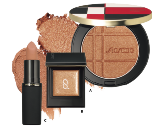 A SHISEIDO カラー＋グロウ エンハンサー 03 ¥6,270（SHISEIDO・3月1日発売） B SUQQU モノ ルック アイズ e MS-02 ¥4,290（SUQQU） C パウダー キス ヘイジー マット リップスティック オフ ザ マーケット ¥4,840（M・A・C）
