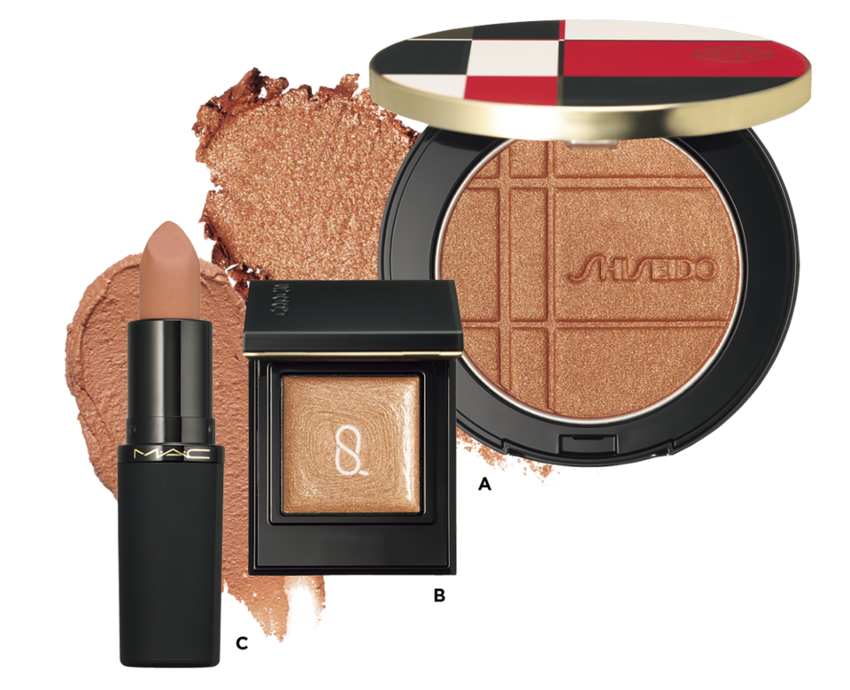 A SHISEIDO カラー＋グロウ エンハンサー 03 ¥6,270（SHISEIDO・3月1日発売） B SUQQU モノ ルック アイズ e MS-02 ¥4,290（SUQQU） C パウダー キス ヘイジー マット リップスティック オフ ザ マーケット ¥4,840（M・A・C）