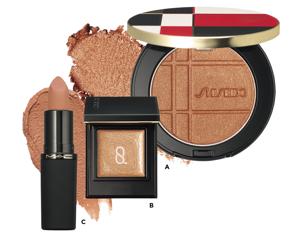 A SHISEIDO カラー＋グロウ エンハンサー 03 ¥6,270（SHISEIDO・3月1日発売） B SUQQU モノ ルック アイズ e MS-02 ¥4,290（SUQQU） C パウダー キス ヘイジー マット リップスティック オフ ザ マーケット ¥4,840（M・A・C）