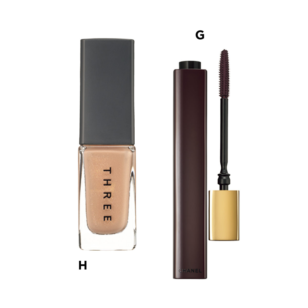 G ヌワール アリュール 67 ¥7,810（シャネル・数量限定品） H THREE ネイルラッカー 21 ¥2,420（THREE）