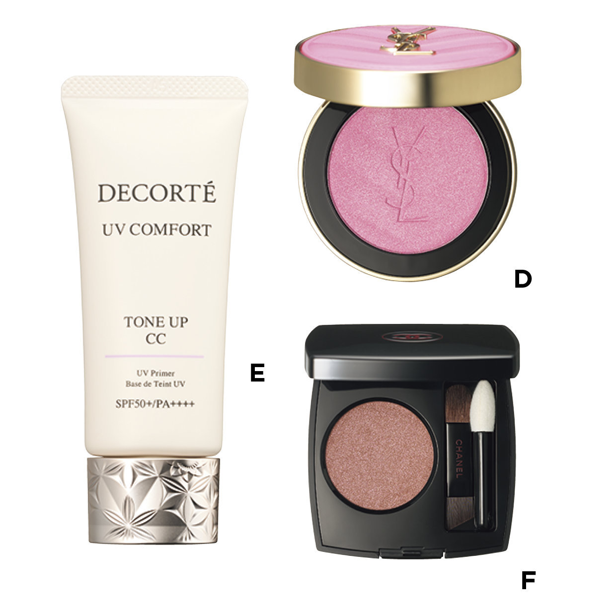 D YSL メイクミーブラッシュ パウダー #10 ¥8,360(イヴ・サンローラン・ボーテ) E UVコンフォート トーンアップCC 10 lavender rose SPF50+・PA++++ ¥4,950(コスメデコルテ・2月16日発売) F オンブル エサンシエル 267 ¥6,600(シャネル)