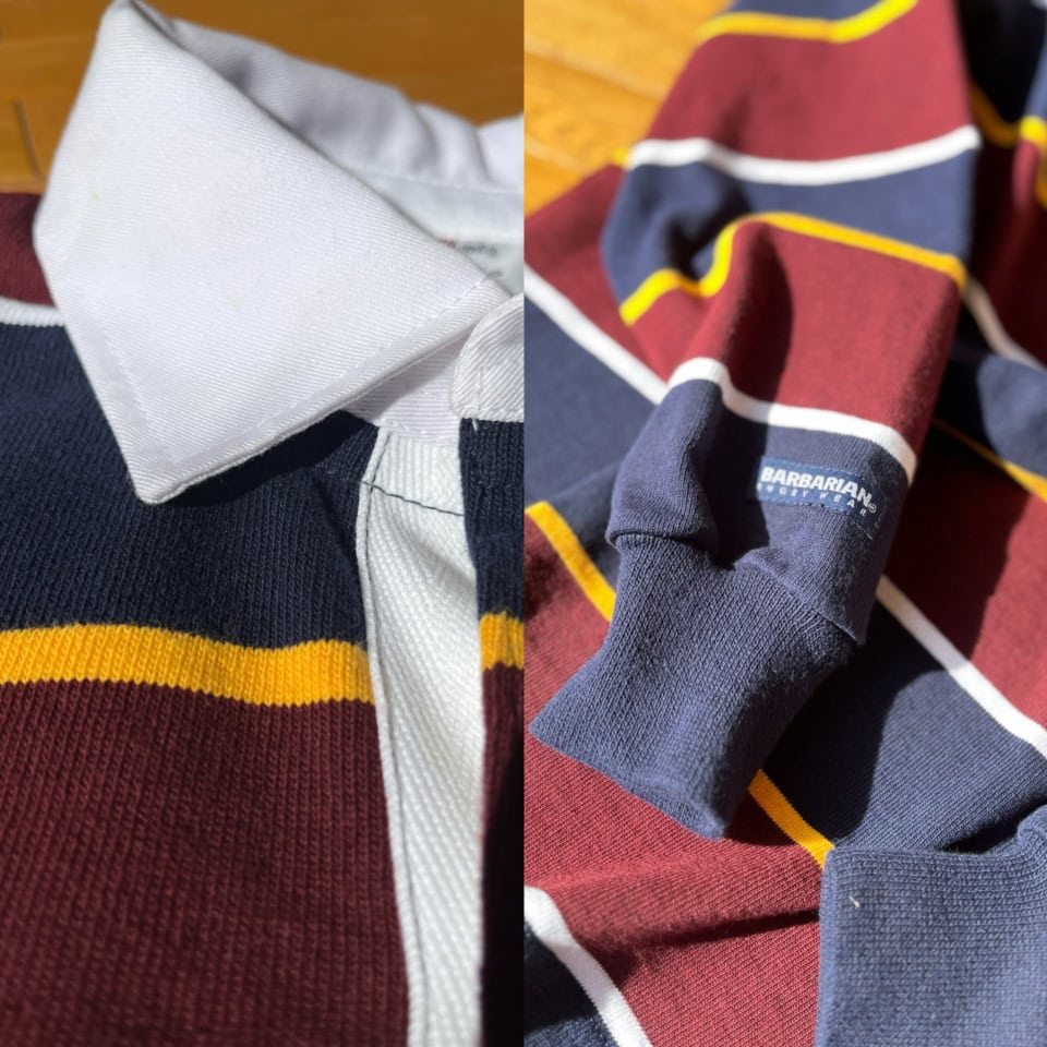 左：襟や前立てが白無地で切り替えられているので、存在感ある配色でも意外とすっきり着こなせるんです！ 右：袖口は肌あたりソフトなリブになっています