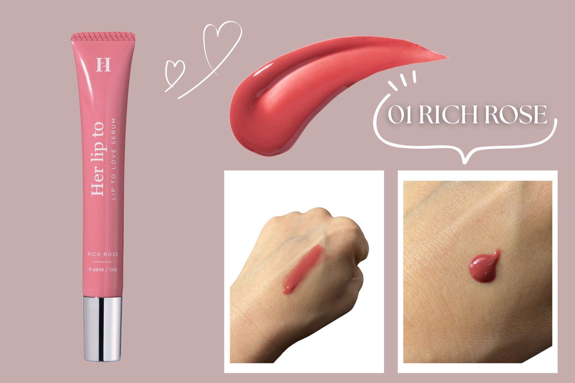 01 RICH ROSE：ひと塗りで血色感をプラスする定番ローズ。肌を明るく見せ、どんなシーンでも使いやすい万能カラーです 。 