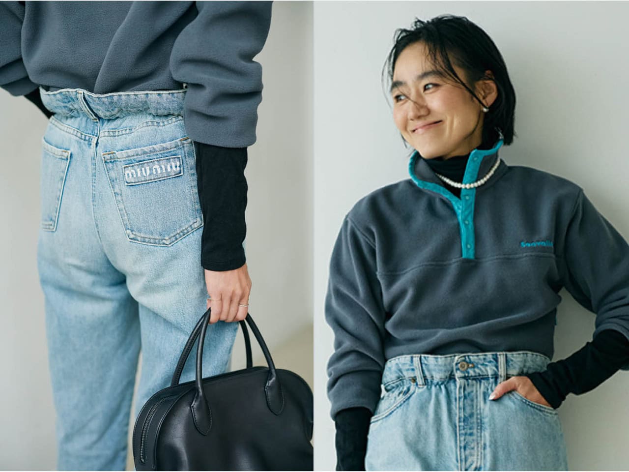 デニムインやパールネックレス合わせで【フリース】を着こなす|金子綾の「オール私服」コーデ