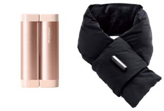 数秒で温かくなる電子カイロやマフラーの力を借りるのも手。左から:3秒で360°全方位発熱。2つに分離するのでアウターのポケットにそれぞれ入れても。充電式カイロ¥5,680(ハゴオギ)、3段階の温度調節ができ、低温なら最長6時間使用可能。パワーマフラー¥11,880(マイトレックス カスタマーサポート)