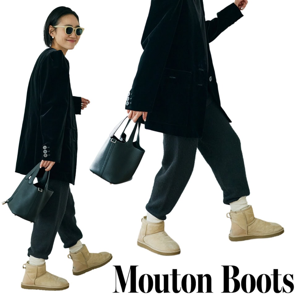 脱力スエットはNG。40代の【アグ】ブーツには気合い十分なジャケット必須!|金子綾のオール私服コーデ