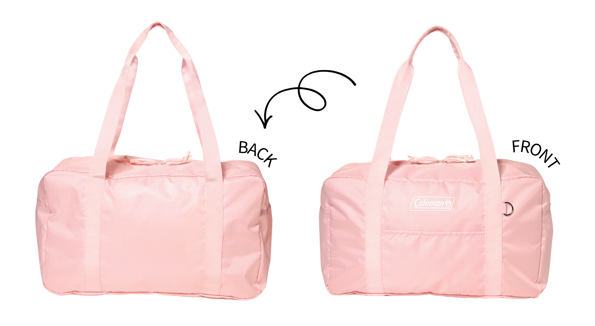 ボストンバッグの前面には「coleman」のロゴと大きなポケット付き。