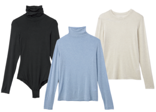 カシミアをブレンドしたインナーは、暖かさだけでなくソフトな肌触りも特徴。左から：細身のボトムにもOK。オールインワン¥8,990（インティミッシミ／インティミッシミ 渋谷文化村通り店）、極暖ヒートテックにカシミア入りが登場。タートルネックT、クルーネックT 各¥2,290（共にユニクロ）