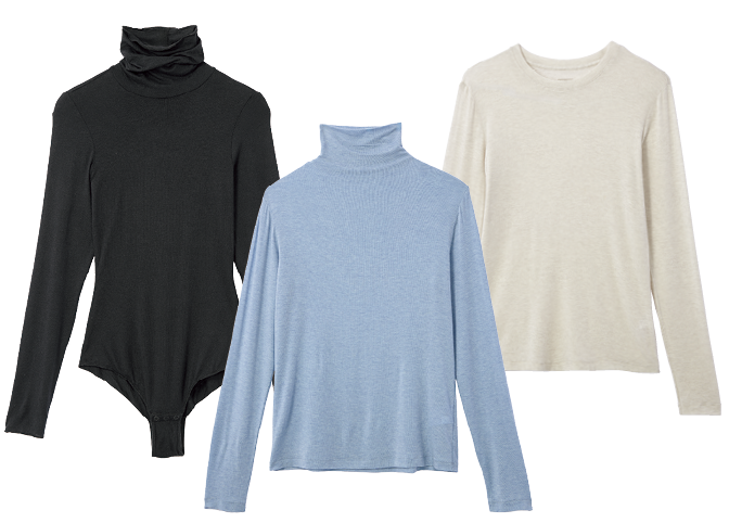 カシミアをブレンドしたインナーは、暖かさだけでなくソフトな肌触りも特徴。左から：細身のボトムにもOK。オールインワン¥8,990（インティミッシミ／インティミッシミ 渋谷文化村通り店）、極暖ヒートテックにカシミア入りが登場。タートルネックT、クルーネックT 各¥2,290（共にユニクロ）