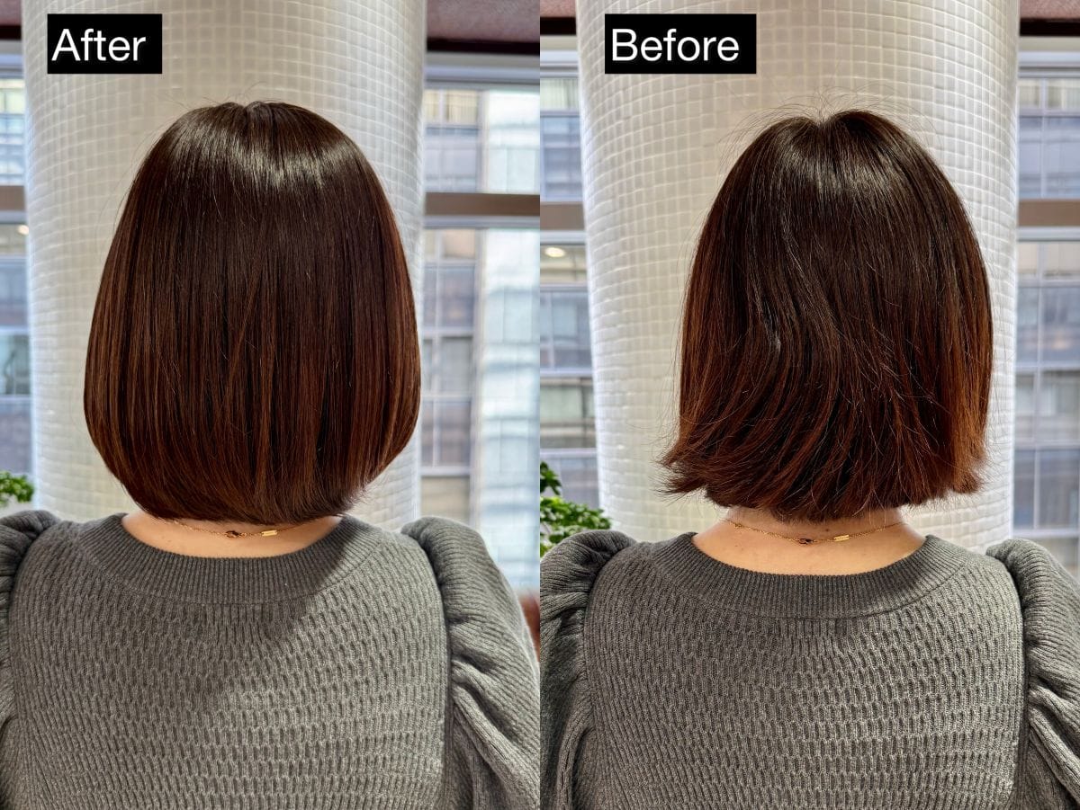 年齢を重ねた髪は、オイルのスタイリング剤を使用しないとツヤ感が出ないのが悩み。そして後頭部にはうねりも…。が、オンリーシャンプー＆ドライでこのツヤは本当にすごい～。