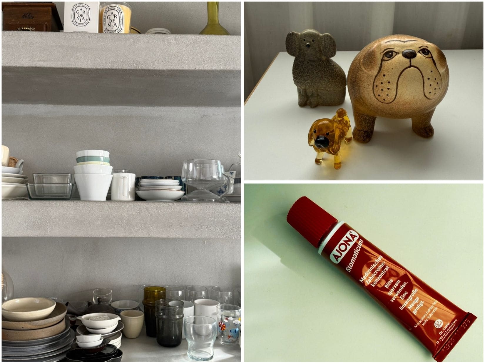 「食器フリークで、作家ものやアンティークなどを集めるのが趣味。最近は犬の置物にもハマっていて、出先で見つけると買ってしまいます。また、アジョナの歯磨き粉にもハマり中。少量でもしっかり磨けて、すっきりするので手放せません」