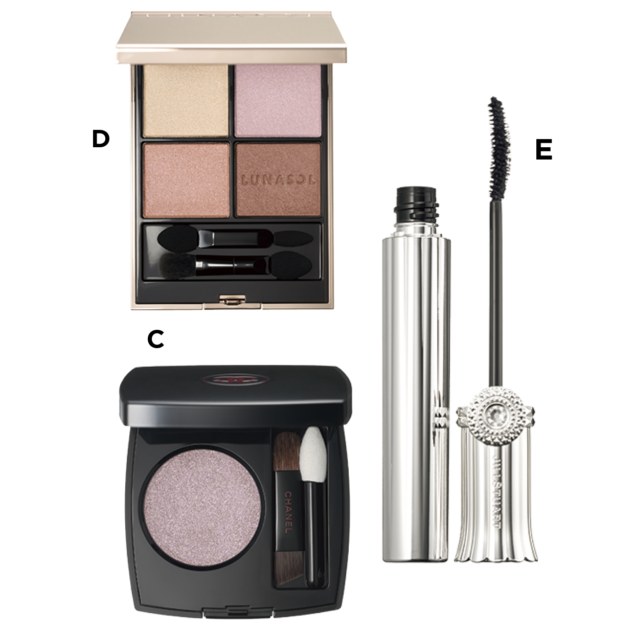 C オンブル エサンシエル 257 ¥6,600（シャネル） D ルナソル アイカラーレーションN 19 ¥7,700（カネボウ化粧品） E ジルスチュアート　ブルーミングラッシュ　ニュアンスカーラー 19 ¥3,300（ジルスチュアート　ビューティ）