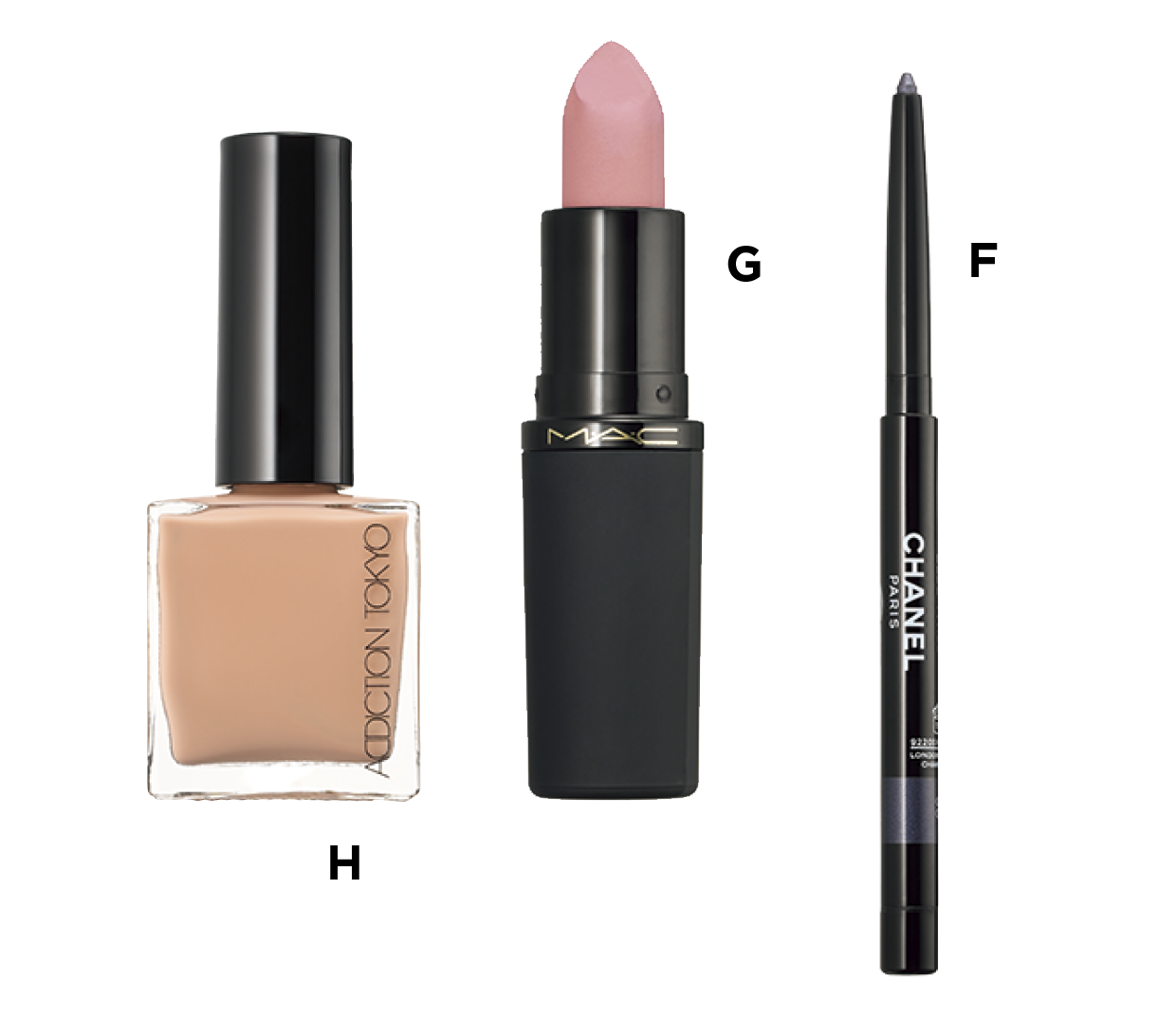 F スティロ ユー ウォータープルーフ N 98 ¥5,060（シャネル・2月27日数量限定発売） G パウダー キス ヘイジー マット リップスティック ガールズ ウィーケンド ¥4,840（M・A・C） H アディクション ザ ネイルポリッシュ + 047C ¥2,420（ADDICTION BEAUTY）