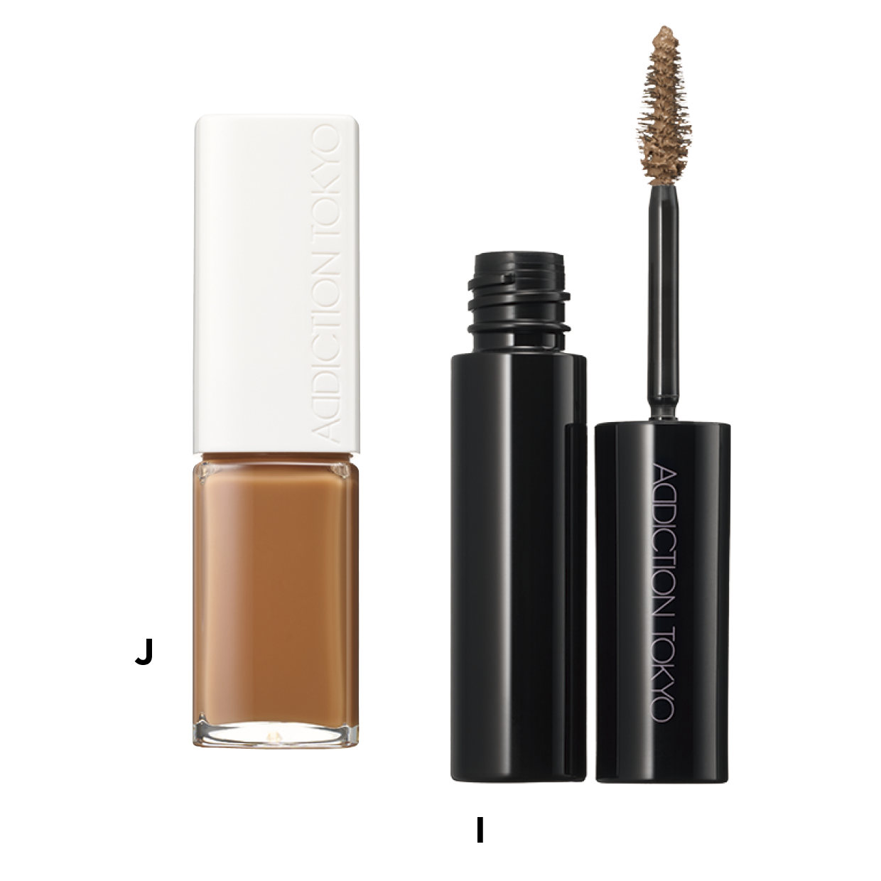 I アディクション アイブロウマスカラ カラーニュアンス 102 ¥3,300、J 同 ザ リップグロス 009 ¥4,070（共にADDICTION BEAUTY）