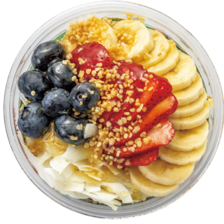甘さをおさえた濃厚なオーガニックアサイーのベースに新鮮なフルーツをトッピング。Acai Extravaganza〈M〉$12.95