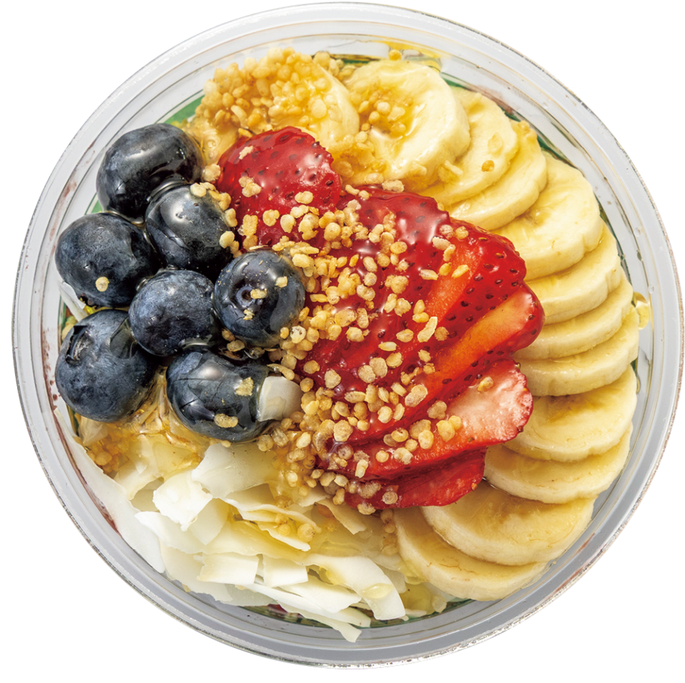 甘さをおさえた濃厚なオーガニックアサイーのベースに新鮮なフルーツをトッピング。Acai Extravaganza〈M〉$12.95