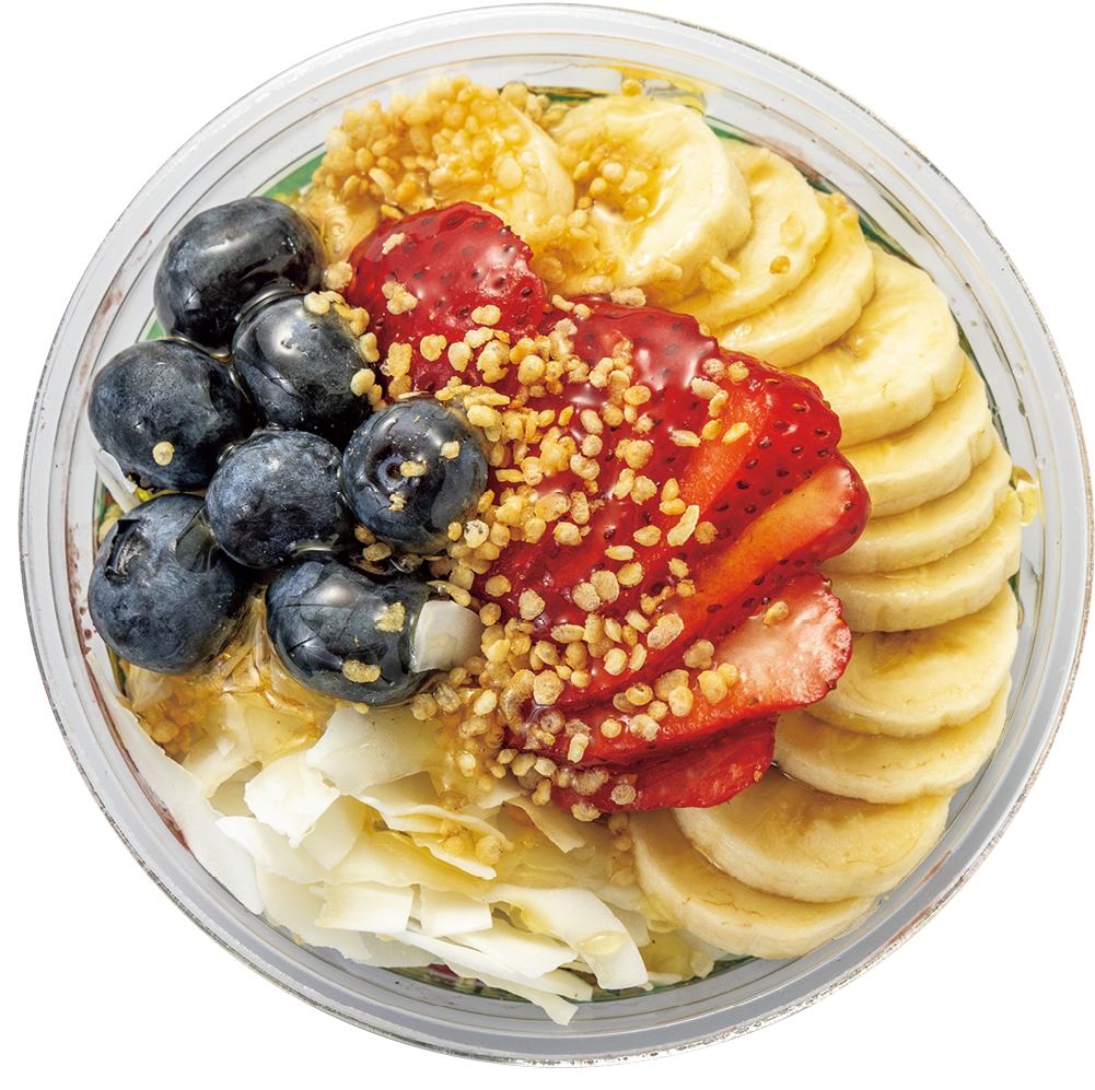 甘さをおさえた濃厚なオーガニックアサイーのベースに新鮮なフルーツをトッピング。Acai Extravaganza〈M〉$12.95