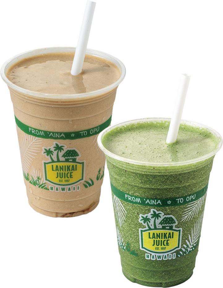 ピーナッツバターがベースのハワイで人気No.1スムージー。Kailua Monkey〈S〉$8.25、飲み過ぎ&食べ過ぎた朝に最適な、ビタミンと食物繊維たっぷりな１杯。Super Green〈S〉$8.25　