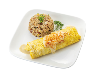 パンケーキと並んでファンの多い、スモークされた豚肉を包んだオムレツ。Shrimp Alfredo Omelette ＄23.9