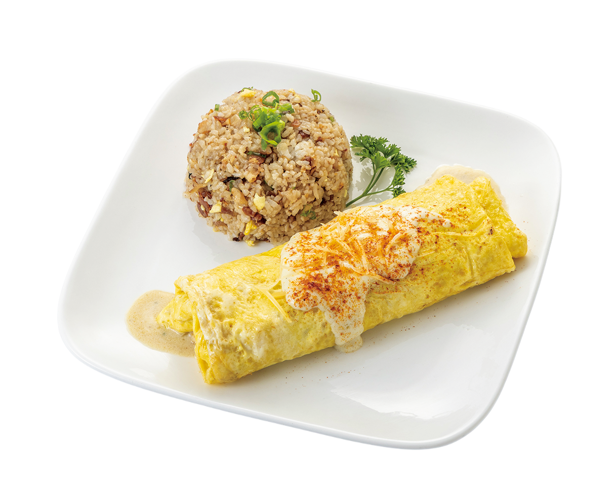 パンケーキと並んでファンの多い、スモークされた豚肉を包んだオムレツ。Shrimp Alfredo Omelette ＄23.9