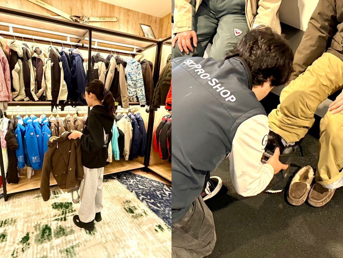 ウェアのレンタルはブティックで自分の好きなデザインやカラーを選んで。スキーレンタルはプロショップで、アドバイザーがサイズをチェック。