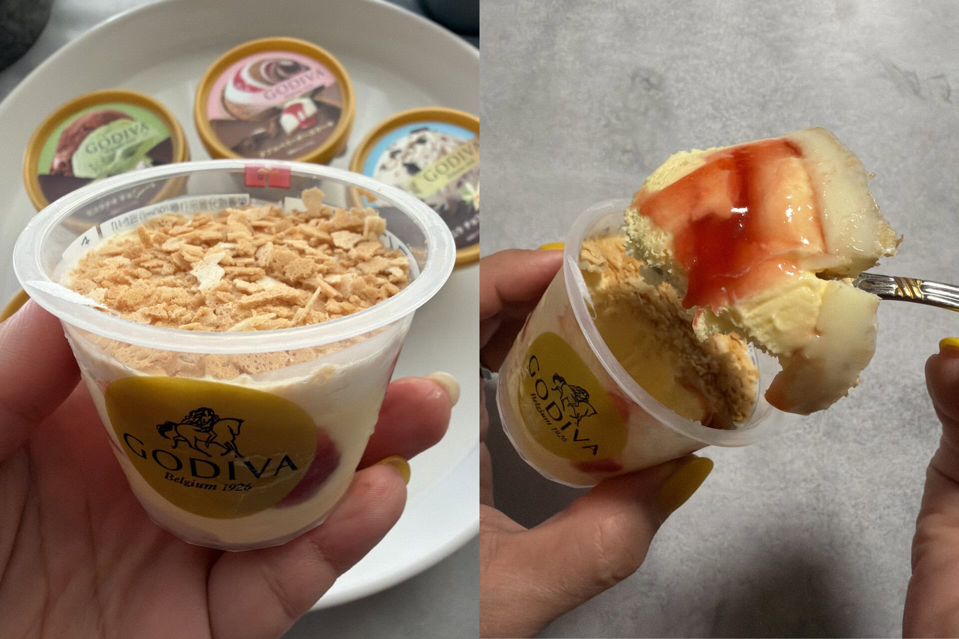 「ストロベリーミルフィーユ」サクサク食感のフィアンティーヌがパリッ、とろっ、サクッの食感のハーモニーを楽しめる、贅沢な味わいのアイスです。