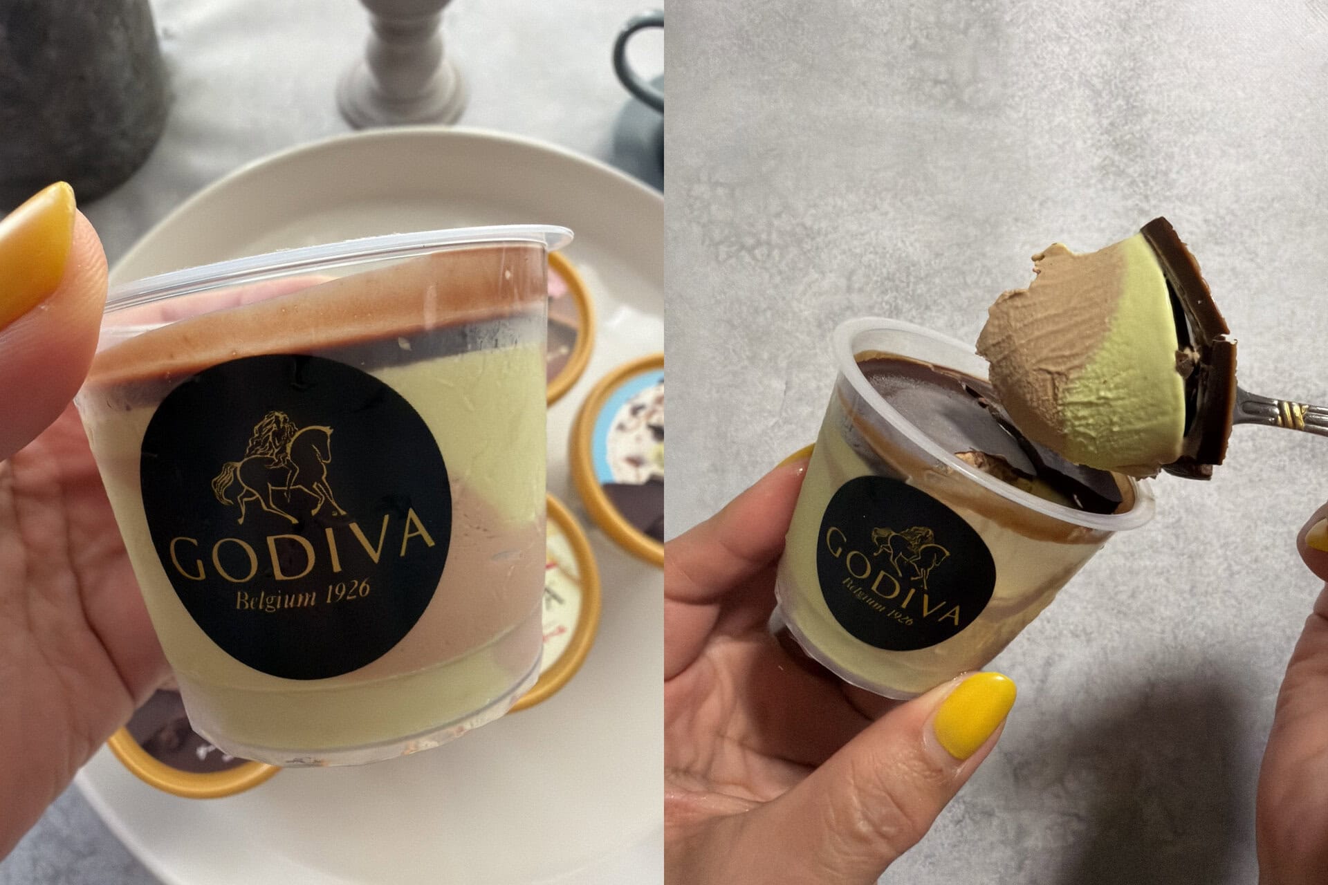 「ピスタチオ チョコレート」濃厚なピスタチオアイスクリームとベルギー産チョコレートを使用したミルクチョコレートアイスクリームを組み合わせ、天面にパリッとしたチョコレートをコーティング。割って食べる楽しさと、なめらかに溶け合うチョコレートとアイスクリームの贅沢な味わいが広がります。