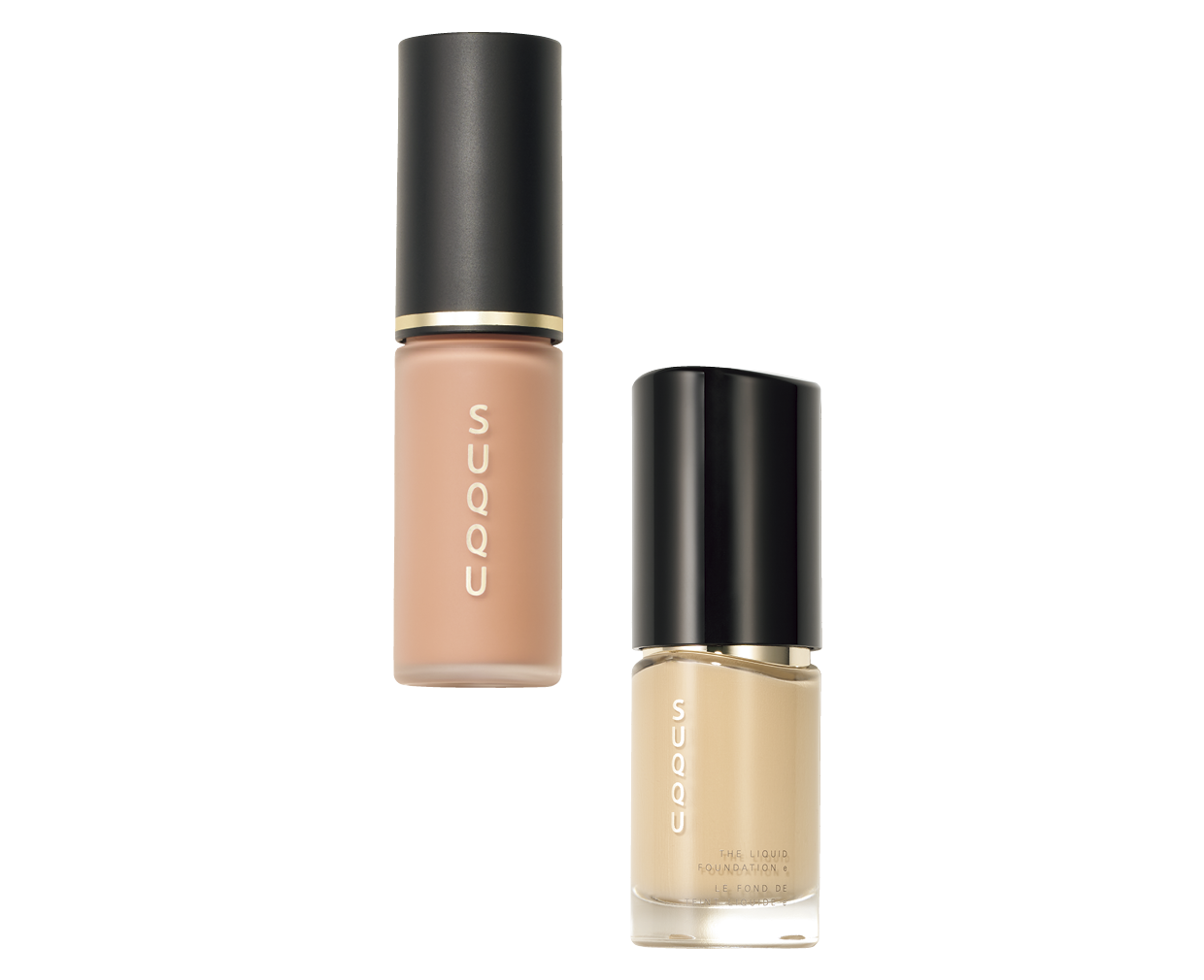 左：しっとり滑らかな温感テクスチャー。ジュワッと生っぽいツヤと洗練のカラー。¥4,950（SUQQU）右：ロングラスティング。潤い溢れる滑らかでツヤ高い肌に。全12色 SPF20〜25、PA++〜+++ 各30mL ¥11,000（SUQQU）