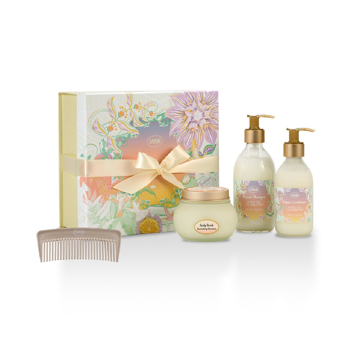 かわいいBOXに入った限定セットはギフトにもおすすめ!3STEP ヘアケアキット ホワイトティー・セレブレーション¥12,650(SABON Japan)※4月2日発売【セット内容】ヘッドスクラブ リプレニッシング 300g、リペアシャンプー ホワイトティー・セレブレーション 290mL、リペアコンディショナー ホワイトティー・セレブレーション190mL、ヘアコーム、ギフトボックス