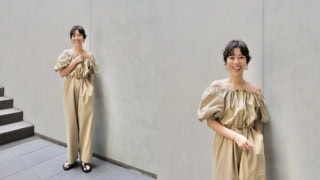 オフショルダーは顔周りが映える！タンクトップをインナーに入れるのもオススメ。オフショルオールインワン￥33,000※4月下旬発売予定（MACHATT）