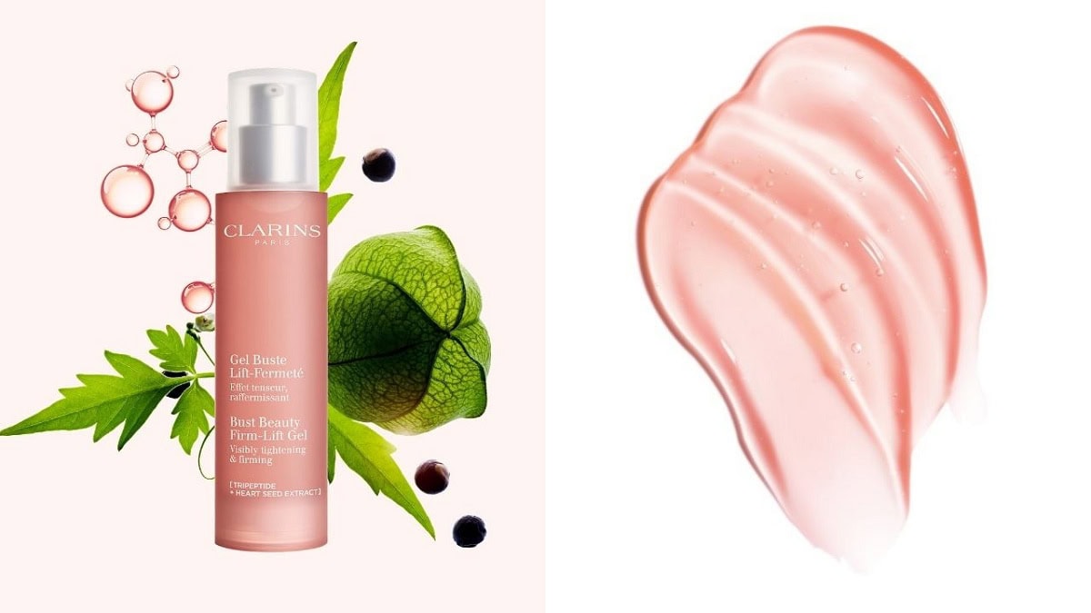 羽のように軽くみずみずしいピンク色のジェルが、肌表面に見えないメッシュを形成し、瞬時にリフトアップしたような印象へ。バスト ビューティジェル 50mL ￥10,230（クラランス）※4月17日発売