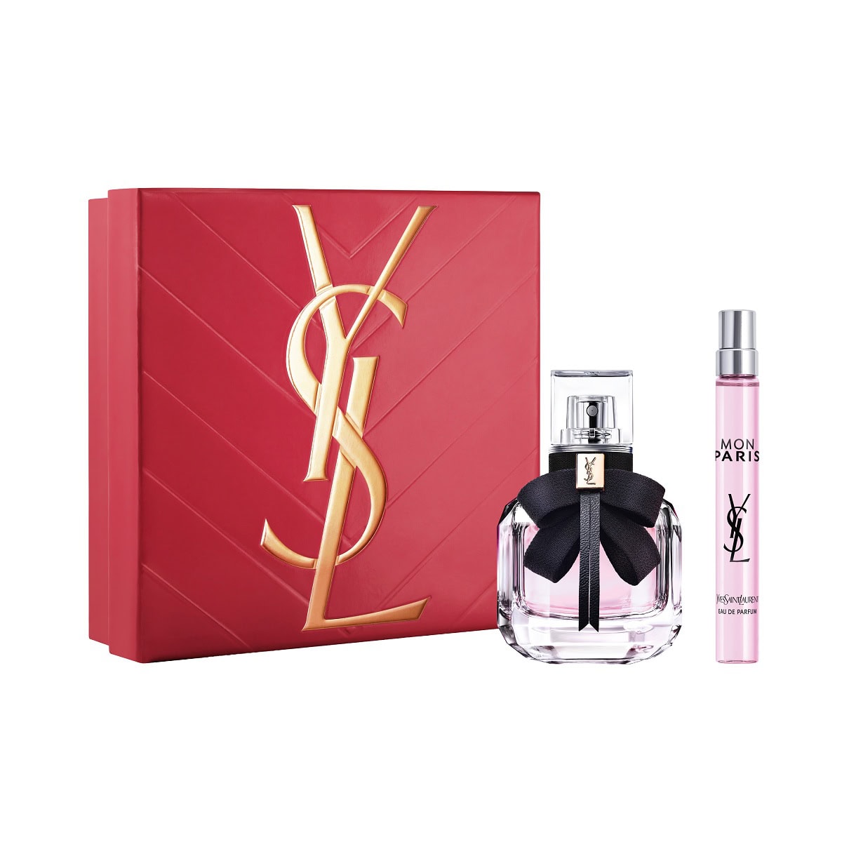赤い限定BOXの中にはピンクのボトルが♡YSL モン パリ ギフトセット（イブ・サンローラン・ボーテ）※4月15日店舗限定発売【セット内容】モンパリオーデパルファム30ｍL 、モンパリ オーデパルファム10ｍL 、限定BOX