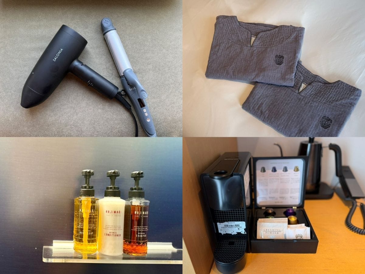 サロニアのヘアケア、リファのシャワーヘッド、やさしいコットン素材のルームウェア、ネスプレッソのコーヒーマシーンとアメニティも充実。