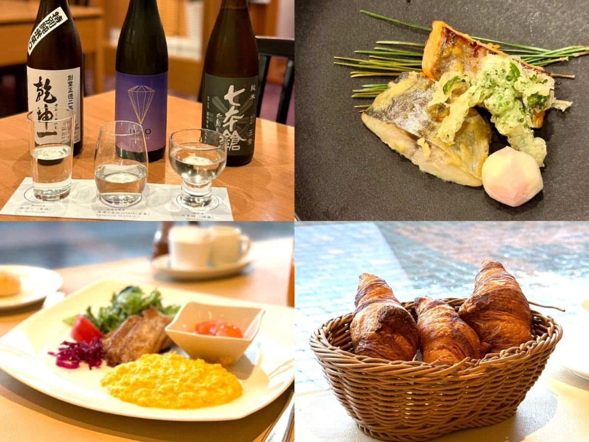 今回はディナーを日本料理レストラン「つつじの茶屋」で（写真上）、朝食をフレンチレストラン「ヴェル・ボア」で。朝の湖を眺めながら、できたてほかほかのクロワッサンいただき、幸せ気分（写真下）。