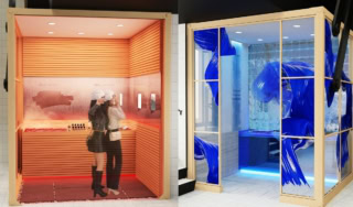 右:水風呂のスペースは「アンリミテッド ケア ツヤ セラム ファンデーション」がテーマ。みずみずしい世界観の中で、うるおいのあるツヤ肌撮影をしてみては。左:サウナのスペースで体験できるのは「アンリミテッド ラスティング フルイド」の崩れにくさ。ほてりフィルターで特別な記念写真を。