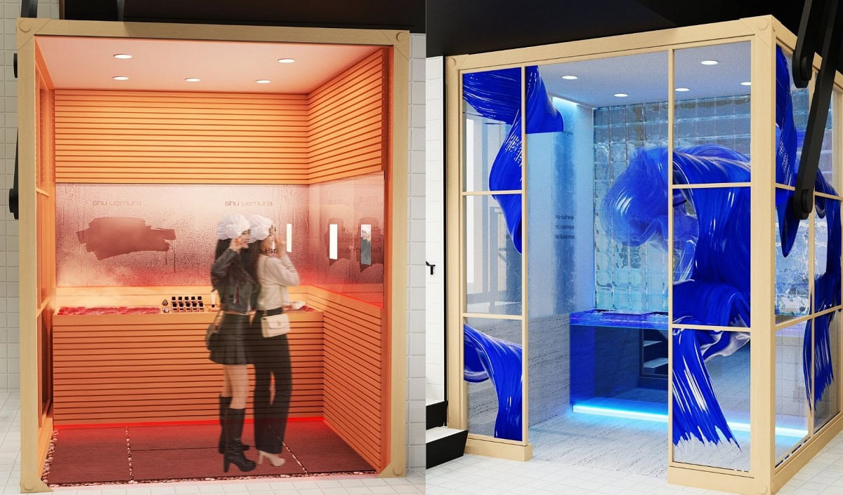 右：水風呂のスペースは「アンリミテッド ケア ツヤ セラム ファンデーション」がテーマ。みずみずしい世界観の中で、うるおいのあるツヤ肌撮影をしてみては。左：サウナのスペースで体験できるのは「アンリミテッド ラスティング フルイド」の崩れにくさ。ほてりフィルターで特別な記念写真を。