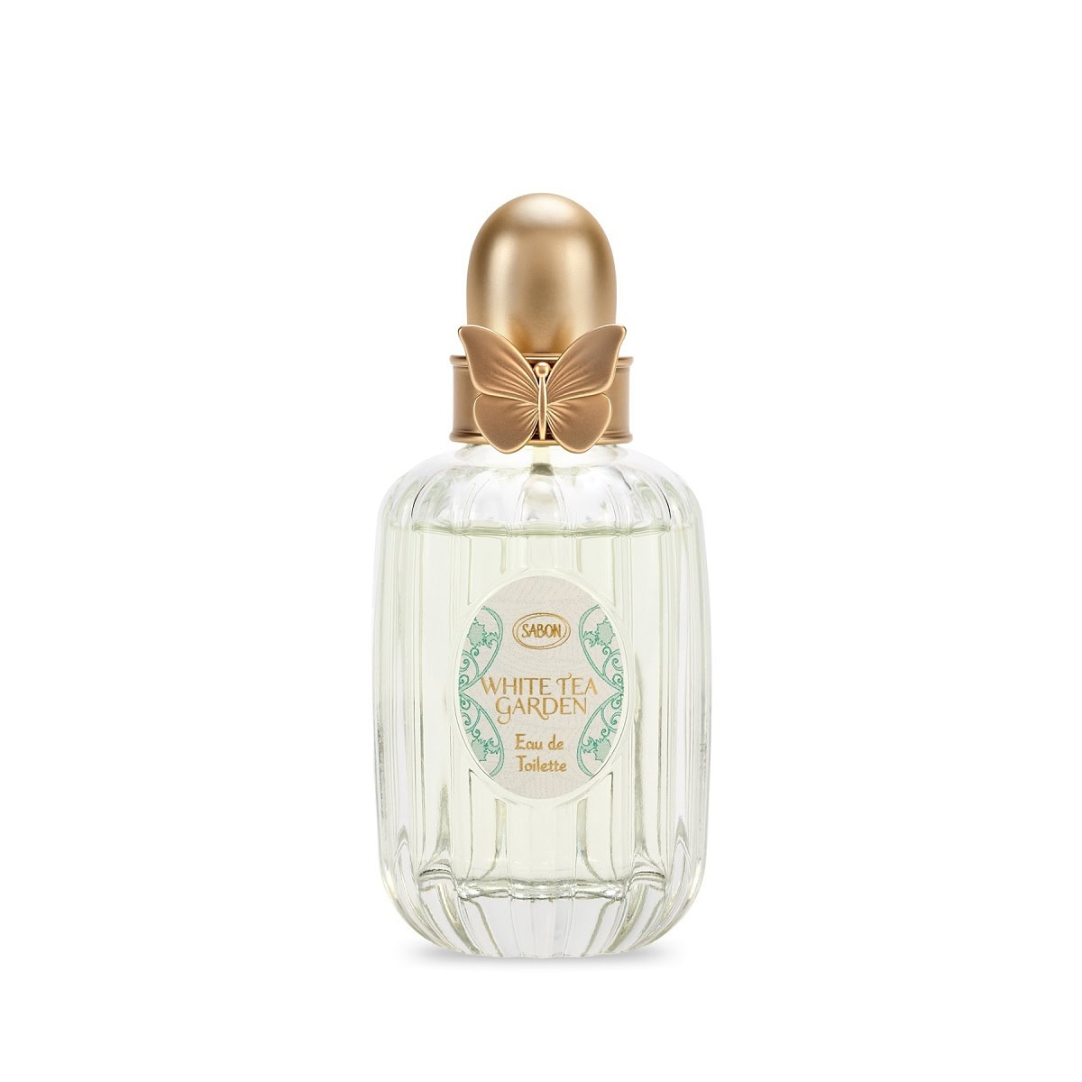 キャップにゴールドのバタフライモチーフを採用した限定デザイン。トップノートはキンモクセイやベルガモット、レモンが華やかに香り、ミドルノートはホワイトティーやネロリで上品に。ラストノートはムスクやシダーウッドの中にほのかにタイムが香り、落ち着いた安らぎをもたらしてくれる。オー ドゥ トワレ ホワイトティー・ガーデン 50mL ￥8,800（SABON Japan）※限定発売