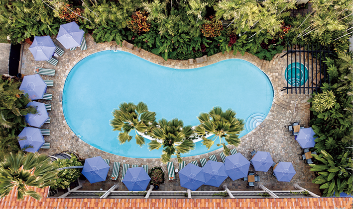 21mのゆったりとしたソルトウォーター・プールは、都会の真ん中に現れた秘密のオアシス。プールサイドにはポップなカラーのパラソルやビーチチェアが並びます。隣接するバーから届くカクテルを片手に、水辺でただただまどろみたい！