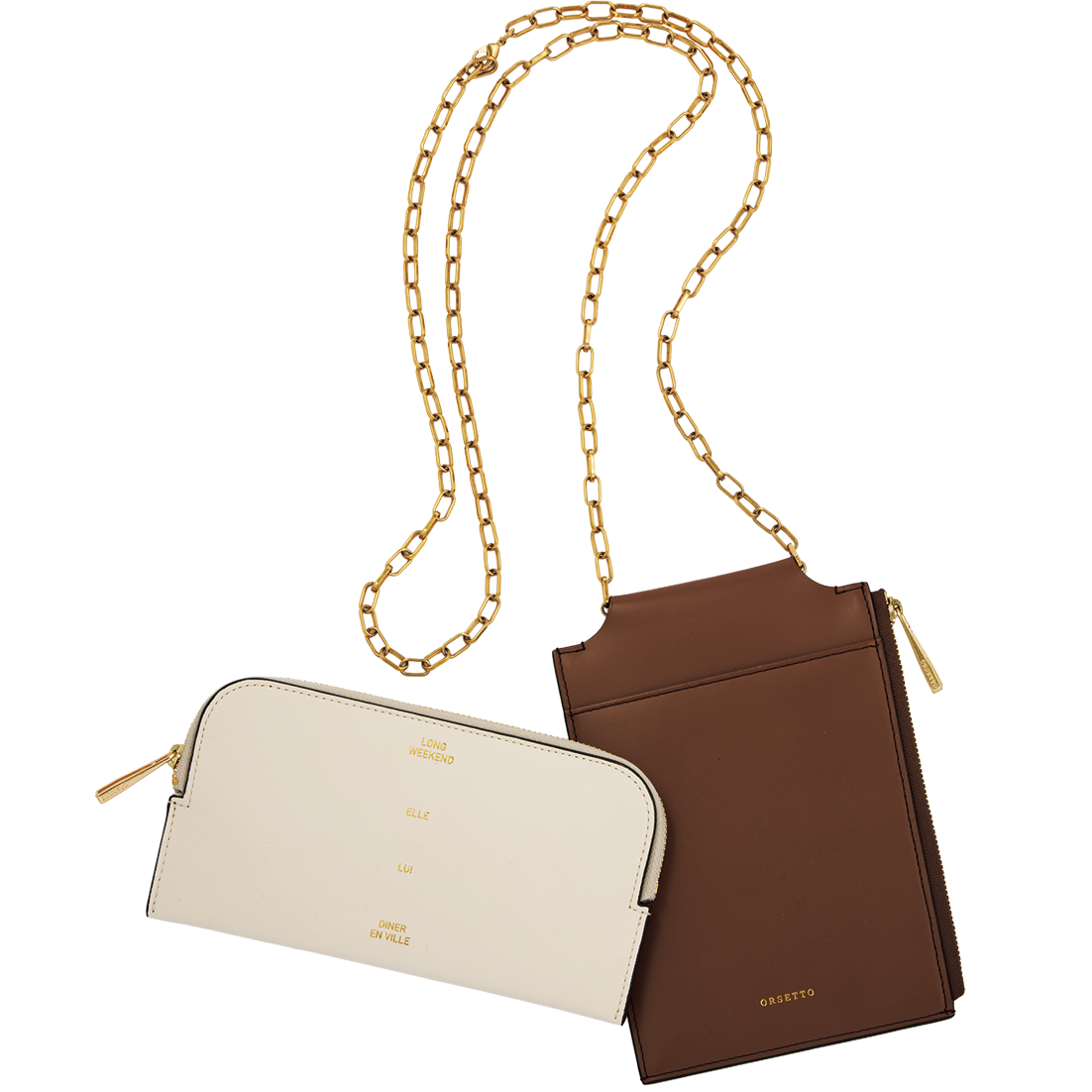 左：フラグメントケース［H8.5×W15.5㎝］¥19,800、右：チェーン付きフラグメントケース［H18×W12㎝］¥26,400（共にオルセット／オルサ）