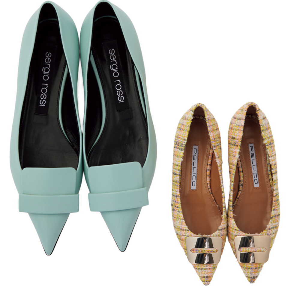 左：ミントグリーンパンプス［ヒール1㎝］¥115,500（セルジオ ロッシ／セルジオ ロッシ カスタマーサービス）、右：ツイードパンプス［ヒール1㎝］¥82,500（ペリーコ／アマン）