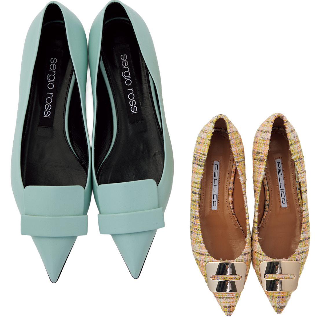 左：ミントグリーンパンプス［ヒール1㎝］¥115,500（セルジオ ロッシ／セルジオ ロッシ カスタマーサービス）、右：ツイードパンプス［ヒール1㎝］¥82,500（ペリーコ／アマン）