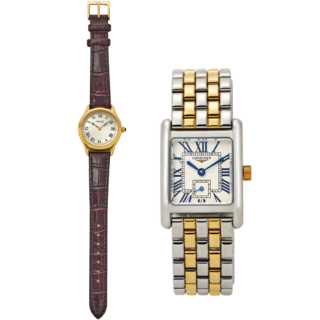 左：時計［ハードレックス×皮革（カーフ）］¥25,300（セイコーセレクション／セイコーウオッチお客様相談室）、時計右：［ステンレスティール×K18YG製キャップ］¥810,700（ロンジン／スウォッチ グループ ジャパン）